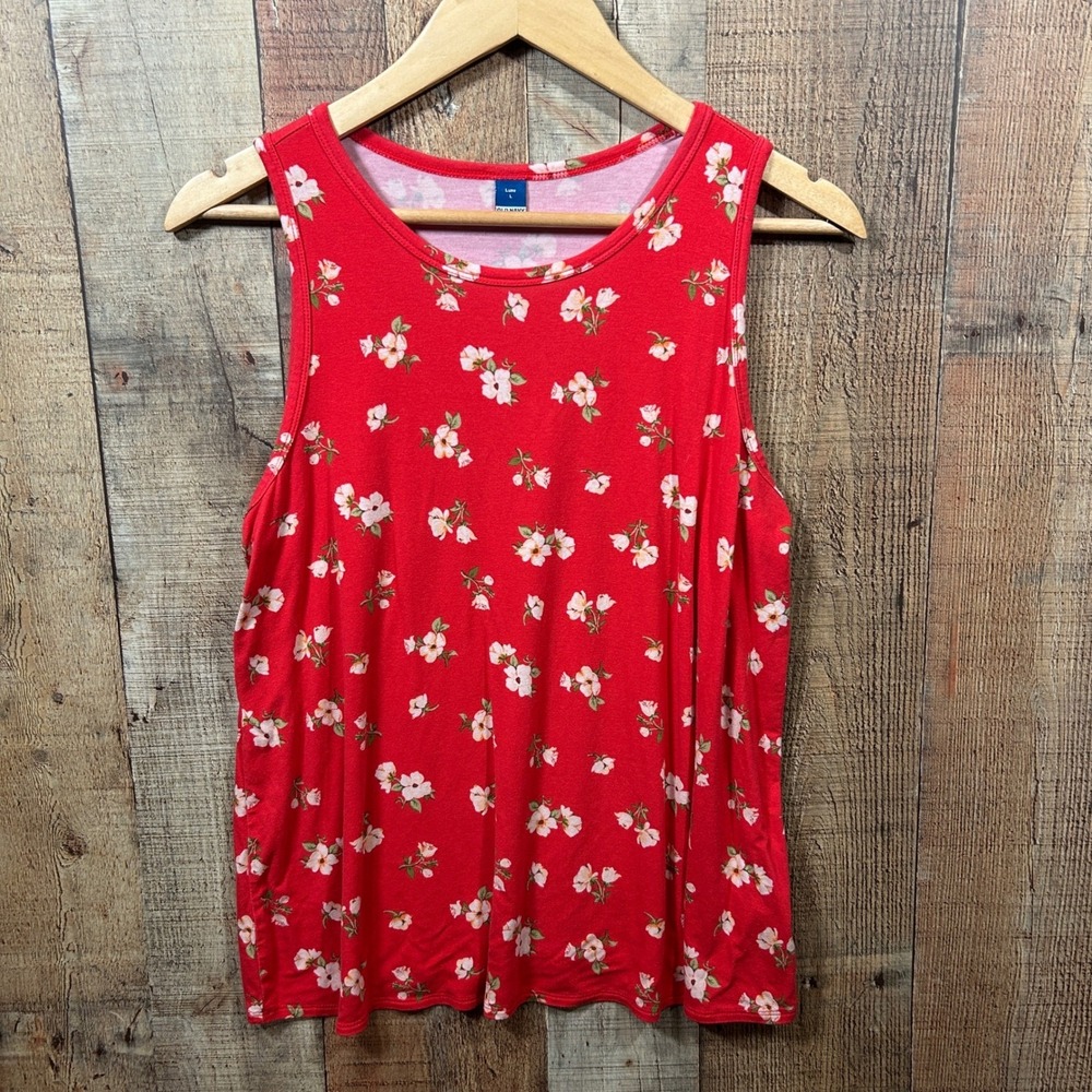 Old Navy Luxe Floral Tank Top L Red White Ditsy Flower Sleeveless Camisole Shirt
